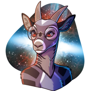 A portrait of an ibex in front of a supernova background. She wears large, round glasses and her markings resemble NASA's Imaging X-ray Polarimetry Explorer (IXPE) spacecraft.