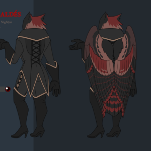 A reference sheet for an anthro great eared nightjar bird, whose class is Bloodsinger - a mix of a bladesinger and blood hunter. Her name is Majóra Valdés. She has black and red markings and wears a black and gold-trimmed goth-style jacket and trousers, long gloves, and thigh-high heeled boots. She has talon hands in addition to her wings, which are on her back.