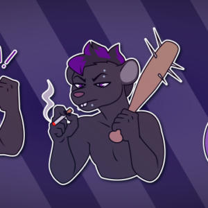 A collection of Telegram stickers of an anthro rat. In them, he laughs triumphantly and slightly villainously; smokes a cigarette while holding a spiked bat over his shoulder; and looks annoyed while holding up a sign that says "I'm a rat"