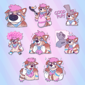 A collection of Telegram stickers of an anthro dog wearing glasses and a bandana. In them, they thrust their nose and muzzle very close to the viewer; wear a cute apron while cooking an egg in a pan; get petted on the head by another character, who says "good pup"; appear very toony and irate while jumping and yelling "hecc!!"; look enthusiastic with their fists clenched and an excited expression; think fondly about another character; pull on their bandana while sweating in the heat; and shiver violently as if suddenly very cold.