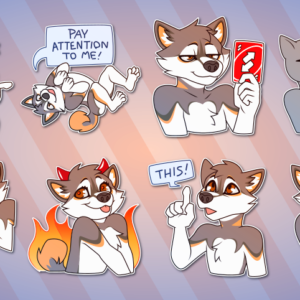 A collection of Telegram stickers of an anthro husky/German shepherd. In them, wears shades and points finger-guns while grinning; rolls around on the ground saying "pay attention to me!"; holds up an uno reverse card; licks another character's face; sprays another character with a water bottle while yelling "bad!"; wears an innocent expression on his face while sporting devil horns, as fire rages behind him; points upward, as if to a previous post in a chat log, and says "this!"; and blushes while cringing and looking intensely embarrassed.