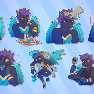 A collection of Telegram stickers featuring an anthro dragon. In them, he holds another character in his lap; ponders his next move in a board game while holding a piece; receives pets on his head from another character; snuggles in bed with another character; looks excited with his hands to his face and mouth agape; flies while another character rides on his back; and cooks food in a skillet while wearing a utilitarian apron.