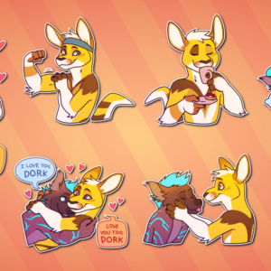 A collection of Telegram stickers of an anthro kangaroo named Tell and an anthro otter/hyena hybrid named Flash. In them, Tell blushes and rests his head in his hands, looking lovestruck; Tell wears a sweat band while flexing a bicep; Tell sips a cup of tea, holding a saucer with a small treat on it; Flash and Tell kiss passionately in bed; Tell holds Flash against his chest and says "good morning"; Flash lies on top of Tell as they cuddle, with Flash saying "I love you, dork" and Tell replying "I love you too, dork"; Tell squishes Flash's cheeks; and Tell holds Flash in his lap.