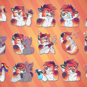 A collection of Telegram stickers of an anthro fox/wolf hybrid. In them, he raises a glass of beer while looking tipsy; waves politely; snarls angrily; sobs in a cartoonish, goofy, and excessive manner; rubs his chin while thinking hard about something; kisses another character on the cheek; kisses another character on the lips; wears a party hat and sets off a party popper; sleeps in a curled up position; puts on shades with the text "kewl" above his head; waves an inclusive pride flag; bites another character playfully but slightly too hard on the shoulder; aims a spray bottle, ready to spray; blushes while looking nervous and sweaty; and leaps into another character's arms for a hug.