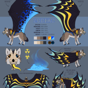 Ref sheet of a large wolf-dragon monster named Zodiac. They are feral and walk on four legs, have a skull for a face and bony spines on their back, and possess large dragon wings. Their body markings are white and brown and wolf-like, but on their back and wings become black with bright blue and yellow venomous markings. Their species is Slavvoth, they are 16 meters or 52 feet tall, 26 meters or 85 feet long with a wingspan of 40 meters or 131 feet, and weigh 73,000 kilograms or 160,000 pounds. They have a bright yellow tongue, and glowing spots in their eye sockets that are yellow and blue. They are capable of spitting acid that is radioactive and biohazardous, and can use their wings in a threat display.