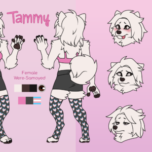 A reference sheet for Tammy, a were-Samoyed. She is a fluffy white anthro dog with soft brown eyes and a curly tail. She wears a pink sports bra and black miniskirt with black thigh-high stockings patterned with hearts in transgender flag colors. The ref sheet also includes a variety of facial expressions, including embarrassed, laughing, nervous, flirty, tired, and a profile view of her face.
