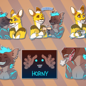 A collection of Telegram stickers of an anthro otter/hyena hybrid named Flash and an anthro kangaroo named Tell. In them, Flash and Tell boop their noses together happily; Flash licks Tell's cheek; the two clink glasses of beer together and say "cheers!"; the two hold lattes and appear to be having friendly conversation; Flash grins and blushes; Flash lays on the floor suggestively, wearing a harness labeled "service yeen"; Flash grins, showing his very sharp teeth; Flash reaches out from the darkness with his eyes glowing ominously, with text below that reads "horny"; Flash pants in arousal, with his eyes obscured and the focus on his maw full of sharp teeth; and Flash appears smug, wearing a shirt that reads "please don't bully me, I'll cum".