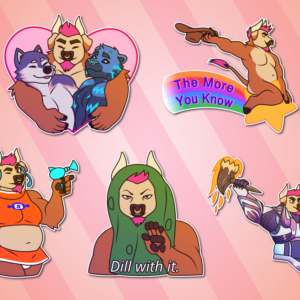 A collection of telegram stickers of an anthro dog/bull hybrid. In them, they hug their husky and tiger partners, all framed in a heart shape; wave a cowboy hat while riding a shooting star with the phrase "the more you know" in its tail; appear dressed as the character Ulala from Space Channel 5, holding a ray gun and saying "chu!"; appear dressed as a cucumber or pickle, saying "dill with it"; and swing a flaming hammer while dressed in fancy and colorful armor from the game Destiny 2