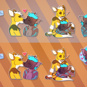 A collection of Telegram stickers of an anthro otter/hyena hybrid named Flash and an anthro kangaroo named Tell. In them, Tell hugs Flash from behind while Flash smiles and says "good morning"; the two kiss on the lips; Flash rests in Tell's lap while Tell looks down at him lovingly; and Flash and Tell think lovingly about one another. There are two versions of each sticker to match each of their sticker packs.
