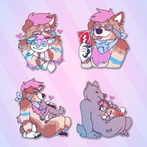 A collection of Telegram stickers of an anthro dog with glasses and a bandana. In them, they hug a pink, white, and blue anthro fox plush; smugly hold up an Uno reverse card with their tongue sticking out; sit on the floor and hold a much smaller character who's hugging their belly and resting on their chest fluff; and appear in the reverse of the previous sticker, hugging a character much larger than them.