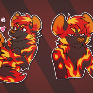A collection of Telegram stickers of an anthro African wild dog with flame-like markings. In them, they roll on the floor playing with their own foot paws; and look disgruntled while holding up a small sign that says "rude".