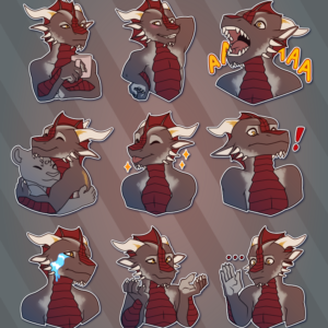 A collection of small portraits of an anthropomorphic dragon, showing him: tired and unamused holding a cup of coffee; blushing and averting his eyes; yelling; hugging another character; sticking his tongue out and looking pleased; recoiling in alarm; crying; shrugging; and holding up a hand while staring blankly, as if at a loss for words
