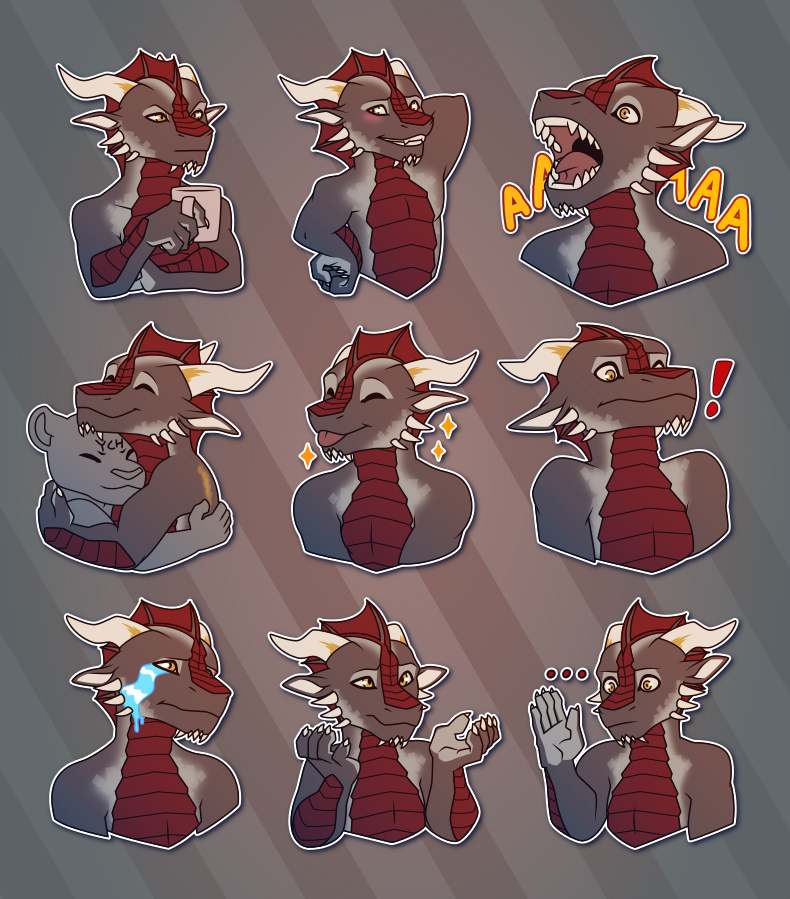 A collection of small portraits of an anthropomorphic dragon, showing him: tired and unamused holding a cup of coffee; blushing and averting his eyes; yelling; hugging another character; sticking his tongue out and looking pleased; recoiling in alarm; crying; shrugging; and holding up a hand while staring blankly, as if at a loss for words