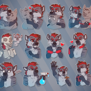 a collection of small illustrations featuring an anthropomorphic hyena conveying the following actions and emotions: hugging another character; kissing another character on the cheek; playfully biting another character's head; listening to a character's heart with a stethoscope; turning into a skeleton as his soul leaves his body; sweating nervously; winking while wearing fuzzy handcuffs; looking flirty while wearing a leash; coughing suspiciously; threateningly holding up a spray bottle of water; cowering and holding a cross to ward off evil; and holding coffee while looking unamused