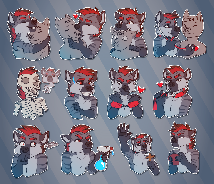 a collection of small illustrations featuring an anthropomorphic hyena conveying the following actions and emotions: hugging another character; kissing another character on the cheek; playfully biting another character's head; listening to a character's heart with a stethoscope; turning into a skeleton as his soul leaves his body; sweating nervously; winking while wearing fuzzy handcuffs; looking flirty while wearing a leash; coughing suspiciously; threateningly holding up a spray bottle of water; cowering and holding a cross to ward off evil; and holding coffee while looking unamused