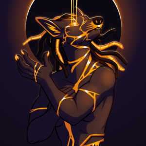 A vector illustration of an anthropomorphic black jackal. Her body features multiple cracks filled in with molten gold, which drips from her eyes and waist. Behind her is a halo-like solar eclipse