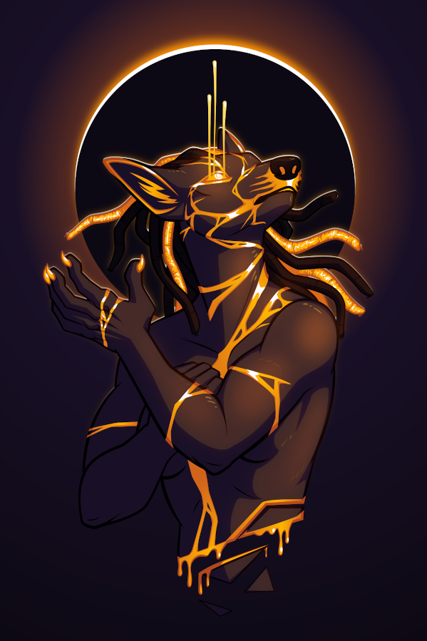 A vector illustration of an anthropomorphic black jackal. Her body features multiple cracks filled in with molten gold, which drips from her eyes and waist. Behind her is a halo-like solar eclipse