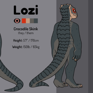 A reference sheet of an anthro crocodile skink, a gray and tan spiny lizard with red markings around their eyes. Their name is Lozi, they are 5 feet and 7 inches or 170 centimeters tall, and weigh 150 pounds or 65 kilograms.
