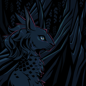 A portrait of a dark, feathery mammalian monster standing on alert in a dark forest