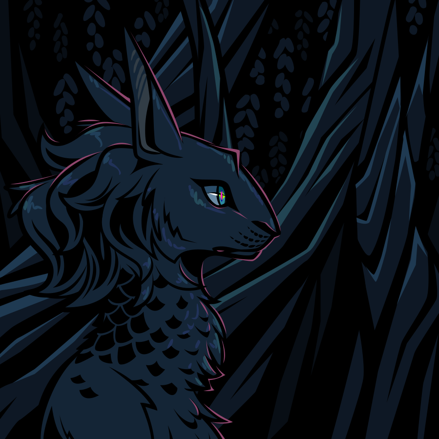 A portrait of a dark, feathery mammalian monster standing on alert in a dark forest