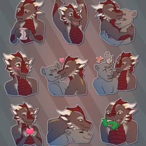 A collection of small illustrations of a dragon. In them, he looks tired while holding a cup of coffee; cheers with his fists raised in the air; gently hugs another character; happily blushes; kisses another character on the cheek; slaps another character upside the head; smiles while holding a heart symbol; contently lays on top of another character; and angrily chews on a dollar sign