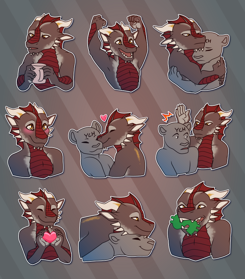 A collection of small illustrations of a dragon. In them, he looks tired while holding a cup of coffee; cheers with his fists raised in the air; gently hugs another character; happily blushes; kisses another character on the cheek; slaps another character upside the head; smiles while holding a heart symbol; contently lays on top of another character; and angrily chews on a dollar sign