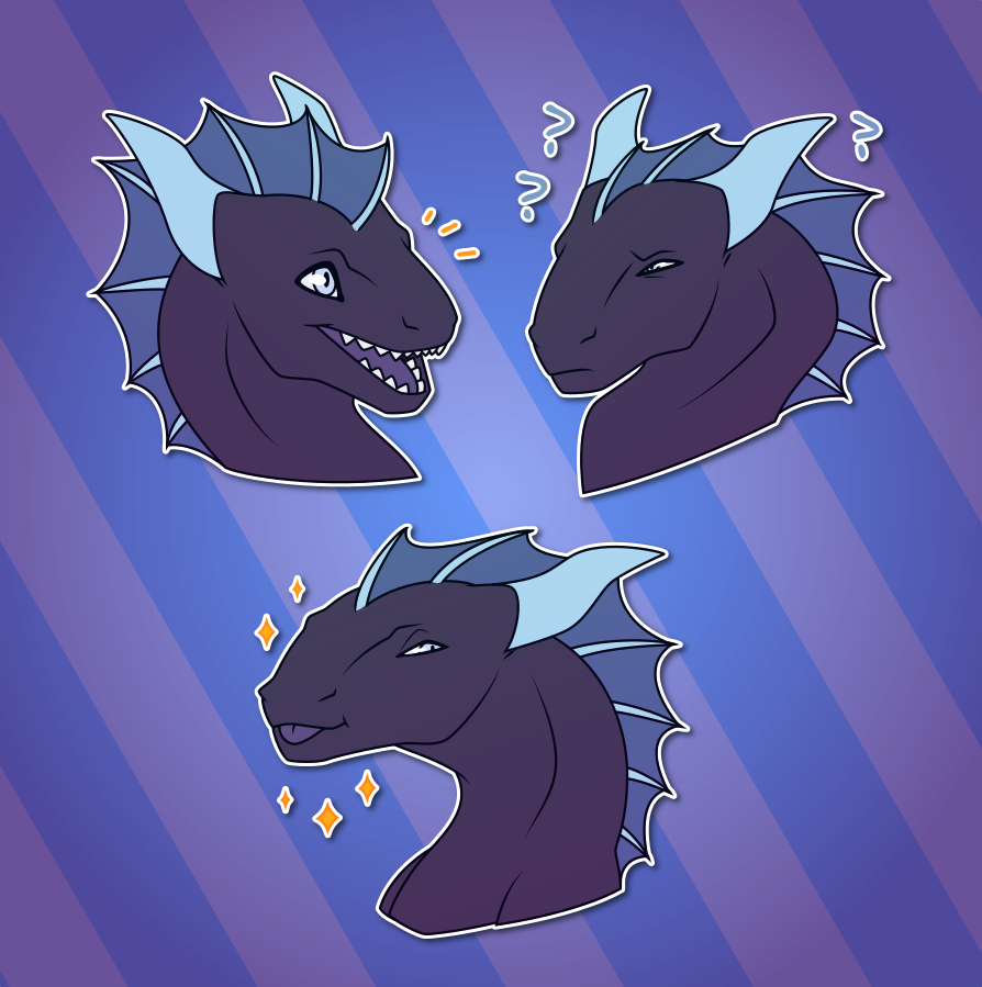 A collection of small illustrations of a dragon. He smiles excitedly; squints in utter confusion; and sticks his tongue out.