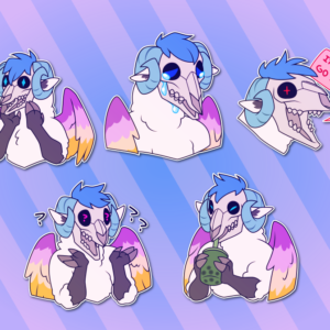 A collection of small portraits of an anthropomorphic winged sheep monster with a skull for a face. In them, they make an excited expression; look down sadly with tears rolling from their eye sockets; angrily shout "I'M GUNNA GO FERAL"; shrug, with their mouth agape and question marks all around them; and look pleased while drinking boba tea.