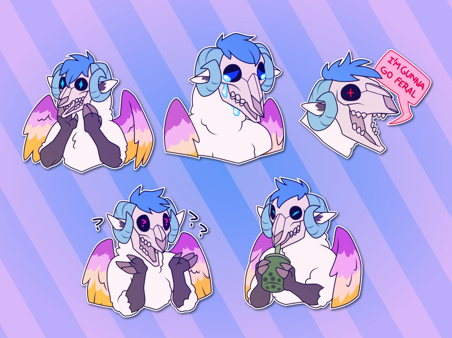 A collection of small portraits of an anthropomorphic winged sheep monster with a skull for a face. In them, they make an excited expression; look down sadly with tears rolling from their eye sockets; angrily shout "I'M GUNNA GO FERAL"; shrug, with their mouth agape and question marks all around them; and look pleased while drinking boba tea.