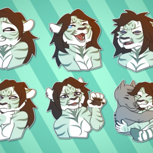A collection of small portraits of an anthropomorphic green tiger with long brown hair. In them, she waves happily; grins mischievously; laughs heartily; looks disoriented and vaguely disgusted; gasps in excited astonishment; displays sad puppy eyes; thinks hard and slightly suspiciously; shows her claws; happily hugs another character; and types on a keyboard.