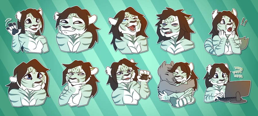 A collection of small portraits of an anthropomorphic green tiger with long brown hair. In them, she waves happily; grins mischievously; laughs heartily; looks disoriented and vaguely disgusted; gasps in excited astonishment; displays sad puppy eyes; thinks hard and slightly suspiciously; shows her claws; happily hugs another character; and types on a keyboard.