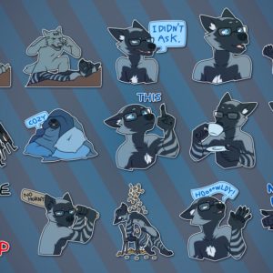 A collection of small portraits of an anthropomorphic silver fox. They depict him in the "think, Mark!" meme, both yelling at and being yelled at by another character; angrily saying "I didn't ask"; making the pogchamp expression; shrugging; carrying an obscene amount of rifles while stating "I need MORE"; hiding under a pile of blankets and pillows while saying "cozy"; pointing upward with the text "THIS"; drinking a cup of tea; smiling while making a heart shape with his fingers; saying "it's time to stop" while holding a large clock; winding back a baseball bat that says "no horny" on it; sitting in a shower of bullets as in the Deadpool 2 movie poster; waving while saying "hoooowldy!"; and pointing in front of him while saying "NO U".