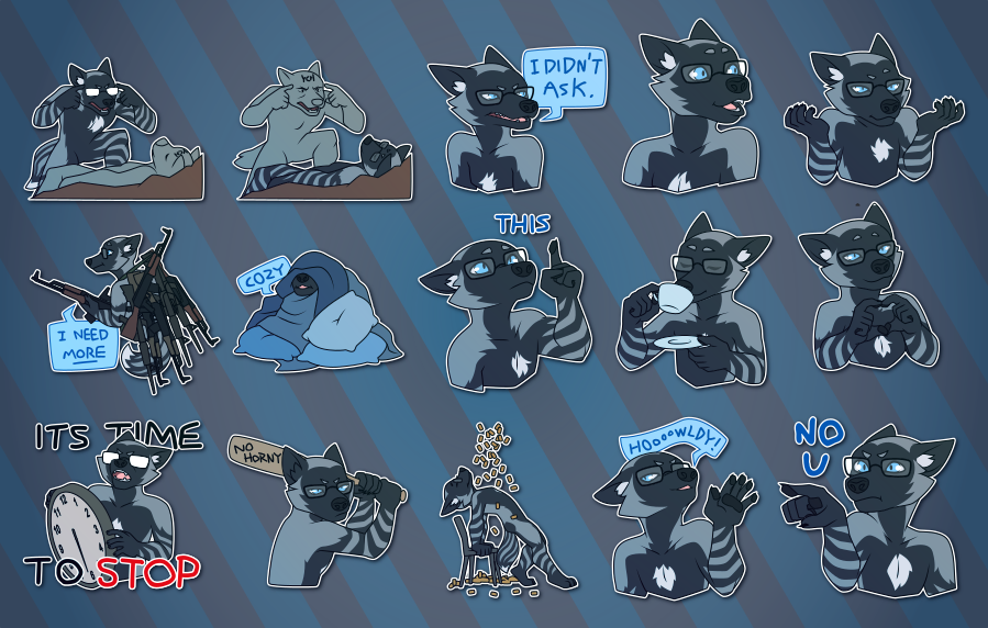 A collection of small portraits of an anthropomorphic silver fox. They depict him in the "think, Mark!" meme, both yelling at and being yelled at by another character; angrily saying "I didn't ask"; making the pogchamp expression; shrugging; carrying an obscene amount of rifles while stating "I need MORE"; hiding under a pile of blankets and pillows while saying "cozy"; pointing upward with the text "THIS"; drinking a cup of tea; smiling while making a heart shape with his fingers; saying "it's time to stop" while holding a large clock; winding back a baseball bat that says "no horny" on it; sitting in a shower of bullets as in the Deadpool 2 movie poster; waving while saying "hoooowldy!"; and pointing in front of him while saying "NO U".