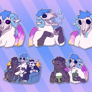 A collection of small portraits of an anthropomorphic winged sheep monster with a skull for a face. In them, they hold a hoof up to their face with hearts in their eye sockets; laugh raucously; drool from their skull while dozing off; sit on a couch gaming with two friends, a snow leopard and an arctic fox; and enjoy a cup of tea with their snow leopard friend.