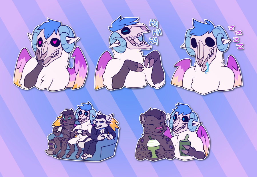 A collection of small portraits of an anthropomorphic winged sheep monster with a skull for a face. In them, they hold a hoof up to their face with hearts in their eye sockets; laugh raucously; drool from their skull while dozing off; sit on a couch gaming with two friends, a snow leopard and an arctic fox; and enjoy a cup of tea with their snow leopard friend.