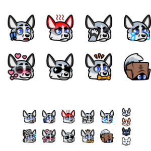 A collection of emoji featuring a marbled fox. They show her smiling confidently, looking surprised, looking angry, facepalming, crying profusely, sweating nervously and waving a checkered flag, blushing surrounded by hearts, smirking and wearing shades, proudly holding a bone-shaped chew toy, and hiding under a cardboard box. To the side are smaller icons showing her face in regular color, orange, black, and white. The image shows the emoji zoomed in for detail, and at normal small size.