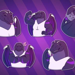 A collection of Telegram stickers featuring an alligator-dragon hybrid. They show him: sticking his tongue out; flexing one arm and looking confident; hugging another character, completely enveloping them in his wings; crossing his arms and glaring coldly; and grinning eerily, showing his many sharp teeth.