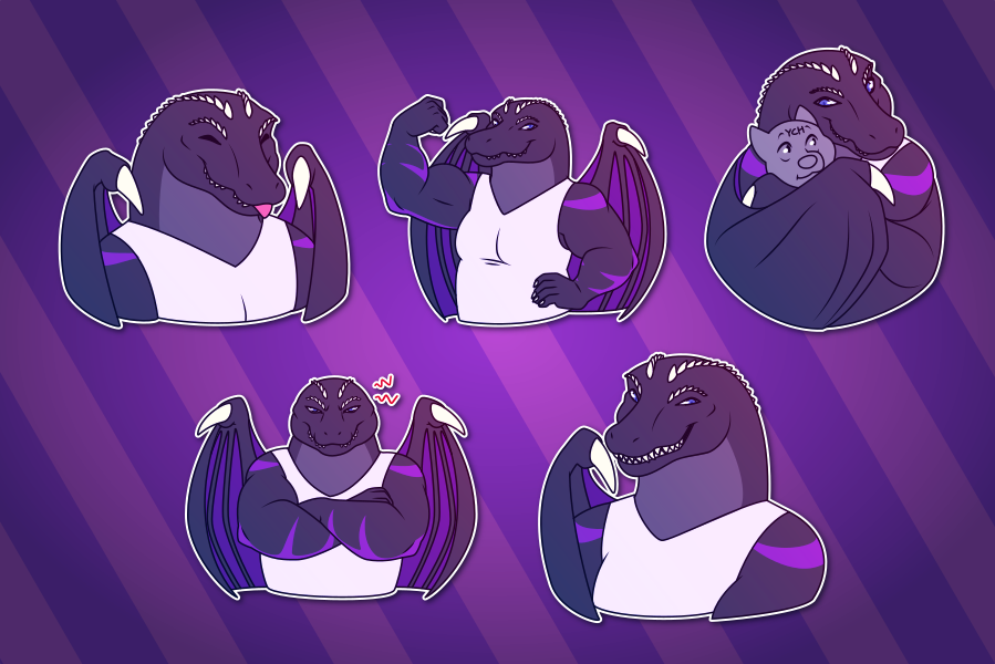A collection of Telegram stickers featuring an alligator-dragon hybrid. They show him: sticking his tongue out; flexing one arm and looking confident; hugging another character, completely enveloping them in his wings; crossing his arms and glaring coldly; and grinning eerily, showing his many sharp teeth.