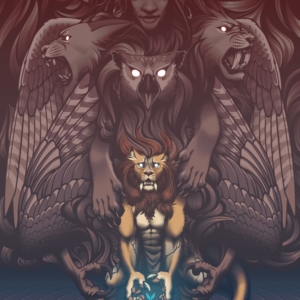 A vector illustration of an anthro lion kneeling on the ground, claws cupped protectively around a small seedling. Stony cracks in his body release oppressive smoke in the shape of a gryphon, chimera, Nemean lion, and sphinx, from whose spirits he draws his strength. He appears panicked and conflicted.