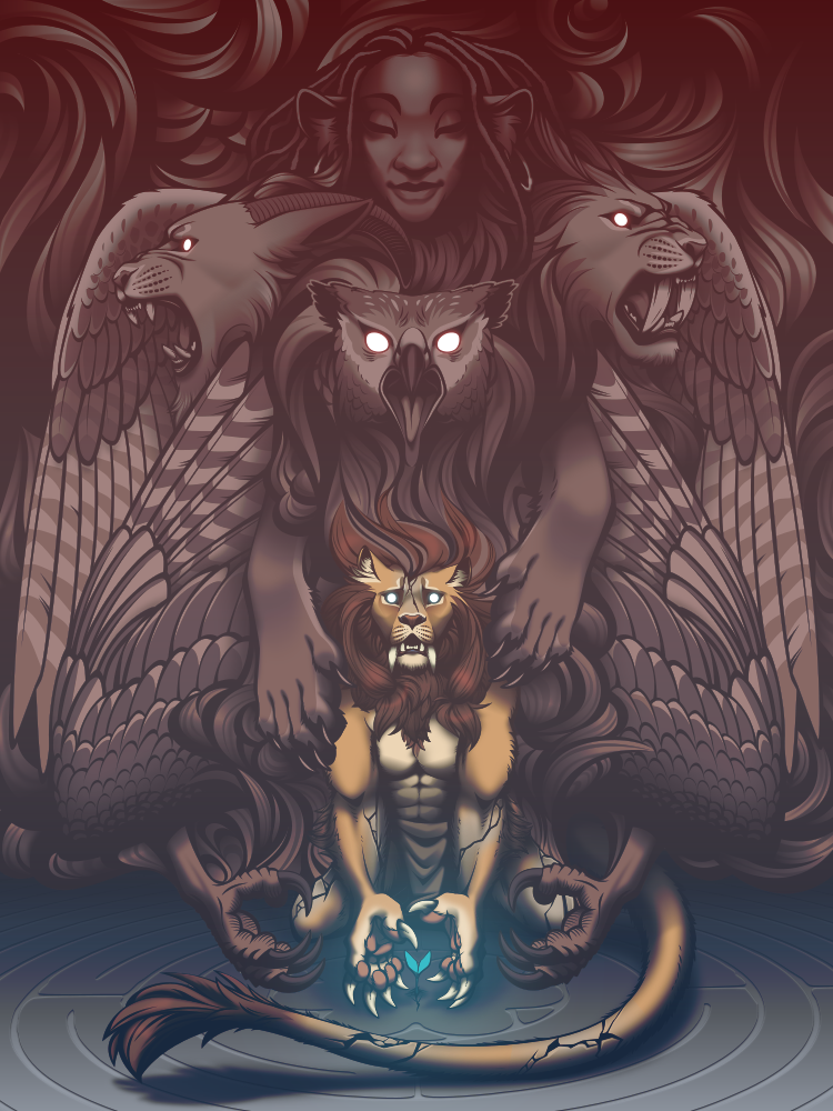 A vector illustration of an anthro lion kneeling on the ground, claws cupped protectively around a small seedling. Stony cracks in his body release oppressive smoke in the shape of a gryphon, chimera, Nemean lion, and sphinx, from whose spirits he draws his strength. He appears panicked and conflicted.