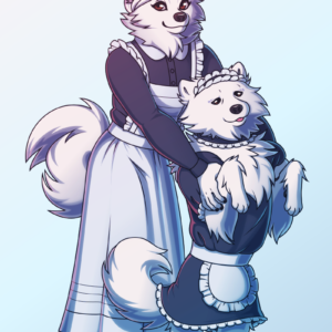 A vector illustration of a were-samoyed (or anthro samoyed dog) in a traditional maid outfit, holding up by the paws a regular samoyed dog in a cute and frilly maid outfit