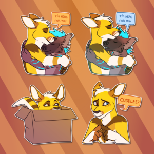 A collection of Telegram stickers of an anthro kangaroo. In them, he hugs an anthro otter/hyena hybrid and says "I'm here for you"; receives a hug from the otter/hyena hybrid who says "I'm here for you"; sits in a cardboard box, looking mischievous; and looks nervous while asking for cuddles.