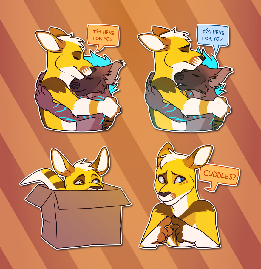 A collection of Telegram stickers of an anthro kangaroo. In them, he hugs an anthro otter/hyena hybrid and says "I'm here for you"; receives a hug from the otter/hyena hybrid who says "I'm here for you"; sits in a cardboard box, looking mischievous; and looks nervous while asking for cuddles.