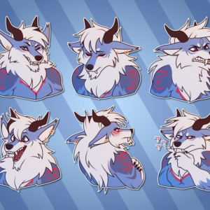 A collection of small portraits of an anthro blue and white wolf with horns and a long mane. In them, he grins and winks; looks down dejectedly; bares his teeth and snarls; looks excited, with his mouth hanging open as if in exclamation; blushes while turning away with the viewer, arms crossed; and strokes his chin while appearing deep in confused thought.