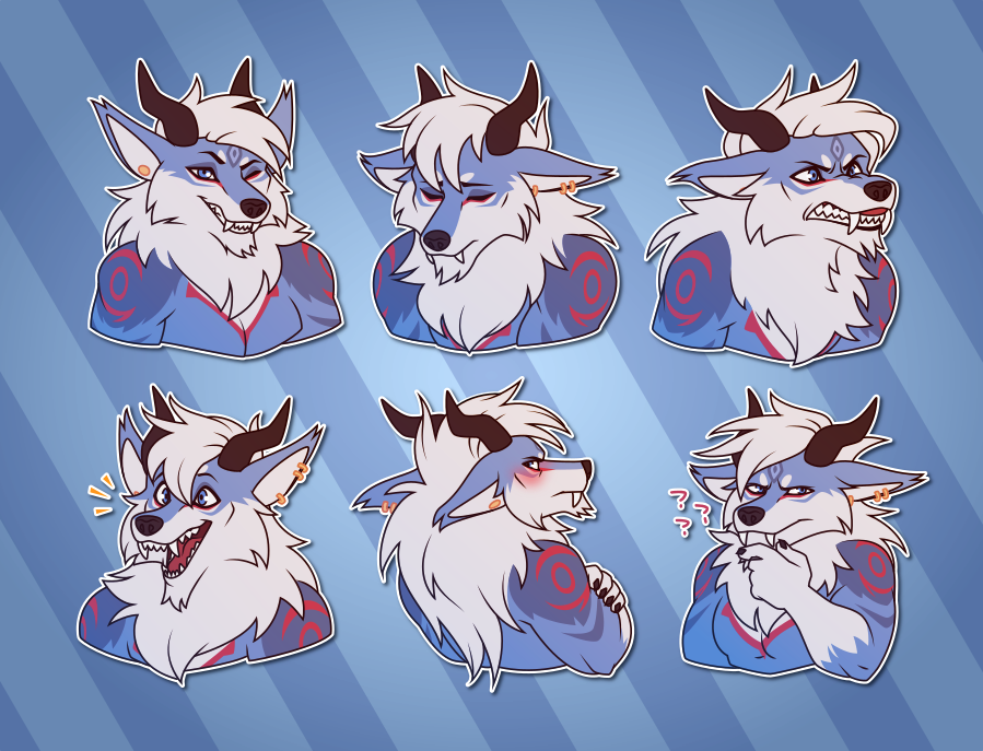 A collection of small portraits of an anthro blue and white wolf with horns and a long mane. In them, he grins and winks; looks down dejectedly; bares his teeth and snarls; looks excited, with his mouth hanging open as if in exclamation; blushes while turning away with the viewer, arms crossed; and strokes his chin while appearing deep in confused thought.