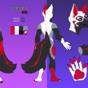 A reference sheet for a male anthro wolf character named Stereo 808. His features are slightly lanky and pointed, and he has black and gray markings with alternating red and white markings on his ears, hands, feet, and torso. He has red eyes with white pupils.
