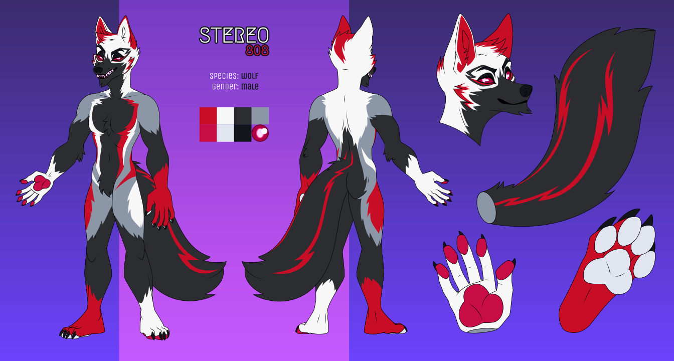 A reference sheet for a male anthro wolf character named Stereo 808. His features are slightly lanky and pointed, and he has black and gray markings with alternating red and white markings on his ears, hands, feet, and torso. He has red eyes with white pupils.