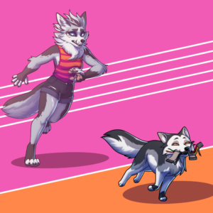 A vector illustration of an anthro marbled fox in shorts and a sleeveless top frantically chasing after a feral marbled fox whose mouth is full of various electric wires and computer cables. They're running over an abstract pink and orange geometric background.