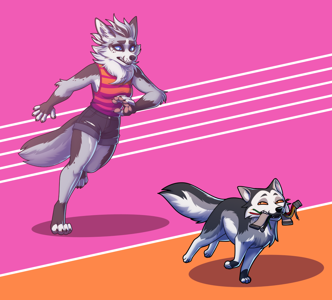 A vector illustration of an anthro marbled fox in shorts and a sleeveless top frantically chasing after a feral marbled fox whose mouth is full of various electric wires and computer cables. They're running over an abstract pink and orange geometric background.