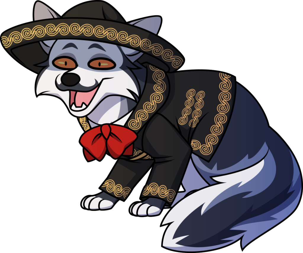 A grinning non-anthropomorphic marbled fox wearing a black and gold charro suit and sombrero